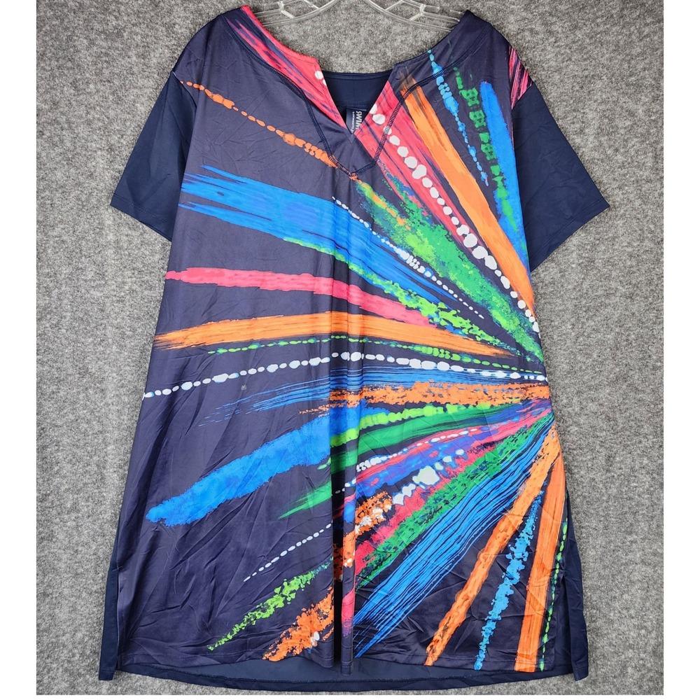 Swim 365 Swim Cover Up Women Size 26 Navy Blue Abstract Stripe V-Neck Tunic